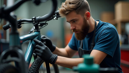 Flat Male mechanic in bicycle repair shop wearing gloves and using specialized tools focusing on precise bike maintenance tasks. concept as Close up moment capturing professional at work dedicated to 