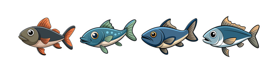Set of Striking Coalfish in Underwater Scene Illustration