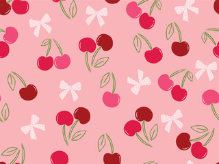 BOW TIE AND CHERRIES CONVERSATIONAL SEAMLESS PATTERN ALL OVER PERINT WITH PINK PLAIN BACKGROUND VECTOR ILLSUTRATION