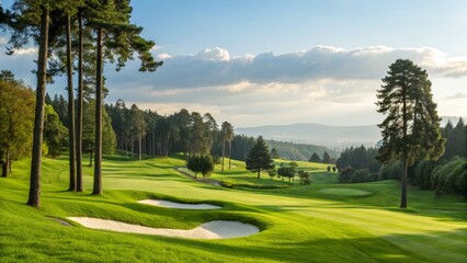 Obraz premium Expansive view of a golf course capturing the beauty of the green terrain and perfectly maintained landscape