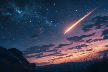 Obraz premium A comet in the sky over the field at night