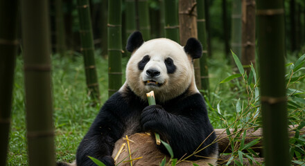 Obraz premium Giant Panda Eating Bamboo in Forest, Close-up Portrait