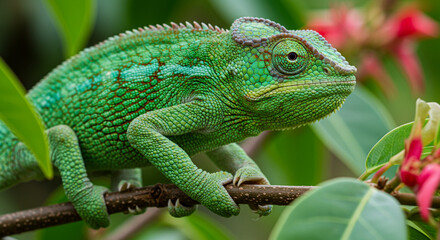 Fototapeta premium Green Chameleon Perched on Branch, Close-up Portrait with Detailed Texture