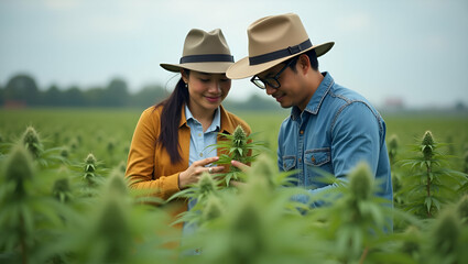 Flat Portrait of Asian Marijuana Researchers Inspecting Cannabis Plantation - Business Agriculture & Alternative Medicine Concepts in Cute Vector Illustration
