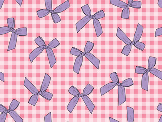 BOW TIE WITH GINGHAM BACKGROUND SEAMLESS PATTERN ALL OVER PRINT VECTOR ILLUSTRATION