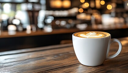 A white coffee cup with latte art is on wood