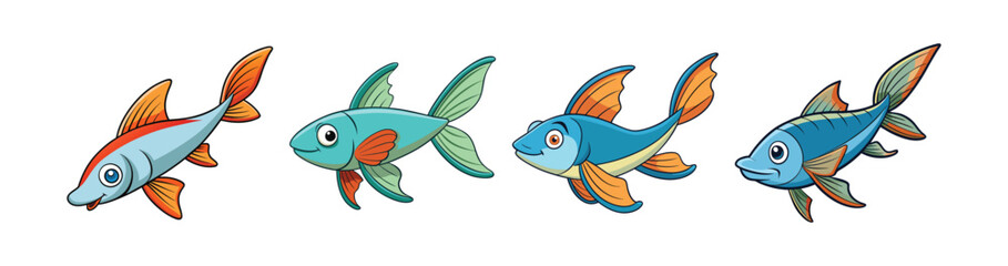 Set of Dynamic Flying Fish in Vibrant Marine Art