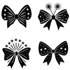 Fototapeta premium Ribbon bows stamp set. Trendy elegant simple sign bow for celebrations Valentines Day, wedding or birthday decoration. Various cartoon icon knot gift symbol tape ribbon accessory. Vector illustration