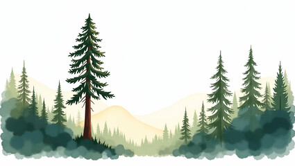 Majestic Redwood Tree Watercolor Illustration: Towering Grandeur of Nature on White Background