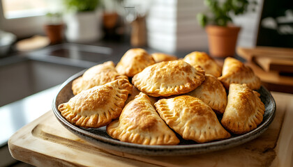 Delicious indian gujiya on elegant plate for holi festival celebration. concept of traditional food, sweet pastry, cultural festivities