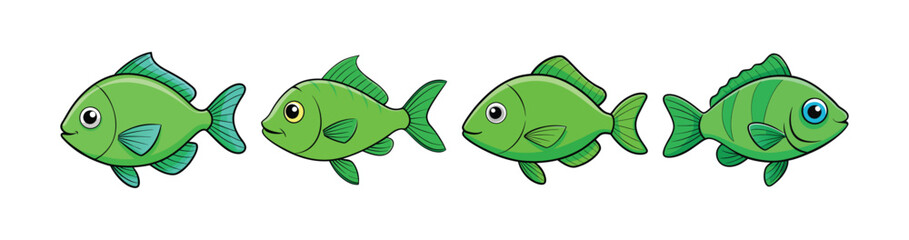 Set of Green Chromis with Bright Realistic Colors