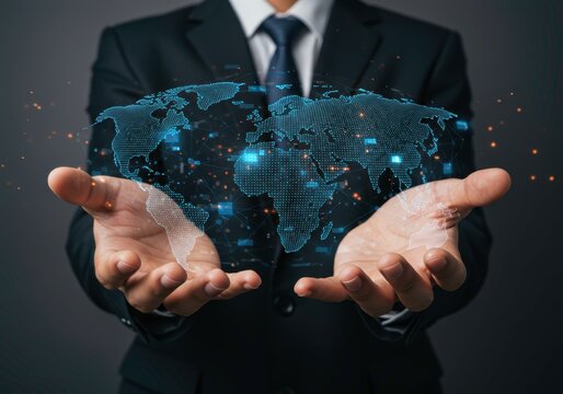 Man holding digital world map in his hands. Global communication technology concept. Worldwide business development and connections for earth day greeting card.