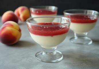 Delicious creamy dessert with fruit topping in elegant glass bowls and fresh peaches on gray surface, perfect for culinary photography and food styling