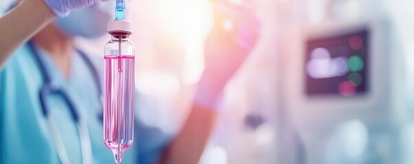 Medical fluid intravenous IV drip for patient in hospital room. A healthcare professional prepares an IV drip in a clinical setting, emphasizing medical care and patient treatment.