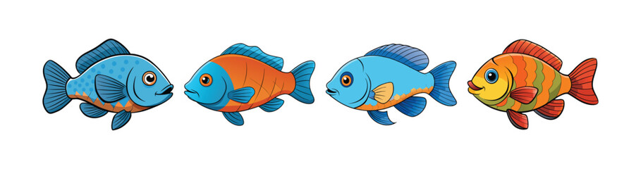 Set of Vivid Jewel Cichlid Fish Illustration with Color