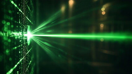 Green laser beam shinning through the dark room, illuminating the room with red light