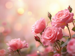 Serene composition of soft pink roses in full bloom against a dreamy bokeh background creating a romantic and delicate atmosphere