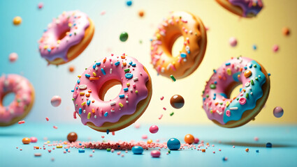 Levitating Colorful Donuts with Sprinkles on Pink Background