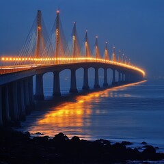 Fototapeta premium Serene bridge illuminated at night reflecting in tranquil water under a dark blue sky creating a peaceful scene