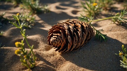 A pine cone resting on sandy ground surrounded by small green plants and yellow flowers.