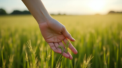 Flat Close up Woman hand touching the green grass on a field blowing the wind concept as Close up of womans hand touching green grass on field with wind blowing showcasing nature interaction and tacti