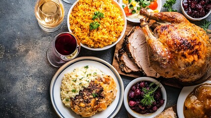 Festive thanksgiving dinner celebration home food photography cozy atmosphere overhead view family tradition