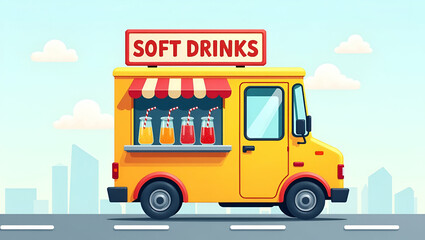 Flat Cartoon illustration of a food truck vehicle serving soft drinks featuring vibrant colors and playful design for creative projects. concept as Cartoon food truck vehicle serving soft drinks featu