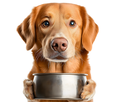 Cute Dog Holding Empty Bowl in Studio Portrait Looking Hungry isolated