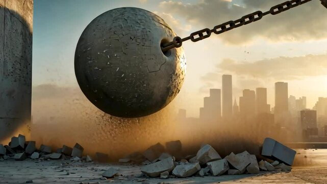 Wrecking ball smashing concrete wall in urban demolition site with city skyline