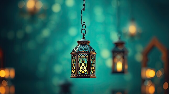 Decorative lanterns hang beautifully with glowing lights in soft focus - Powered by Adobe
