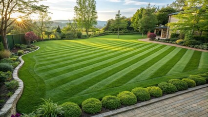 Perfectly manicured lawn, vibrant green grass, striped mowing pattern