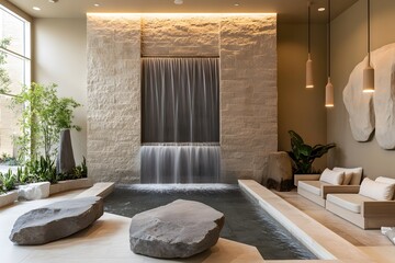 A calming spa waiting area with minimalist stone seating