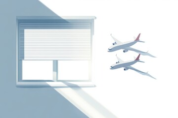 Minimalist Surrealism: Window with Rolling Shade and Twin Airplane Shadows in Soft Light