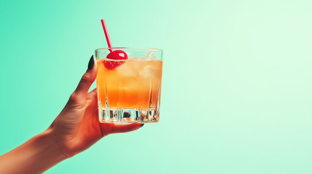 Close-up of a hand holding an old-fashioned whiskey glass with ice, orange twist, and cherry, capturing a classic cocktail culture with retro vibes.