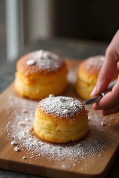 Fluffy Layered Shortcakes with Sugar Dusting on Wood
