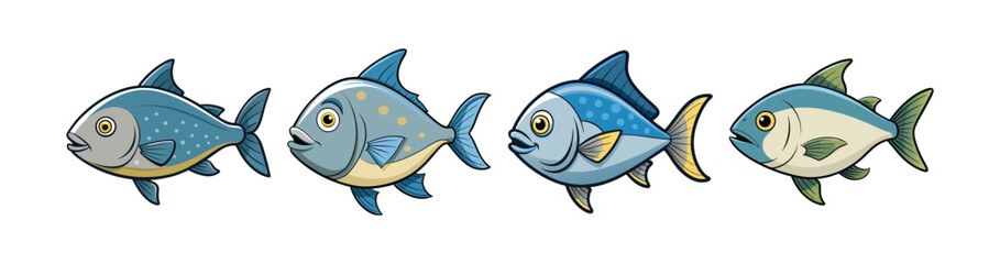 Set of Colorful Warty Trevally Illustration with Realistic Features