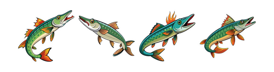 Set of Colorful Waterflame Pike Illustration with Realistic Features
