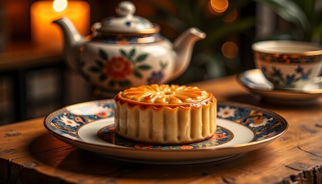 Mooncake on Decorative Plate with Teapot and Cup