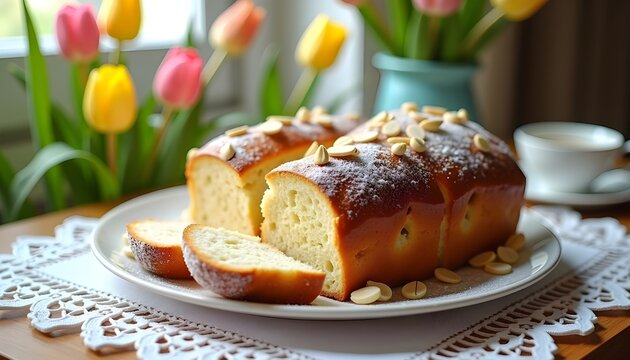 Golden Sweet Bread Loaf with Nuts and Powdered Sugar on Plate