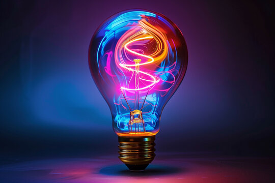 Vibrant and Artistic Representation of a Classic Light Bulb Glowing with Swirling Neon Colors in a Dark Studio Setting, Symbolizing Creative Thinking and Innovation