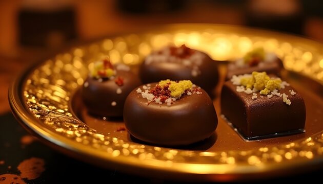 Chocolate Truffles with Decorative Toppings on Gold Plate