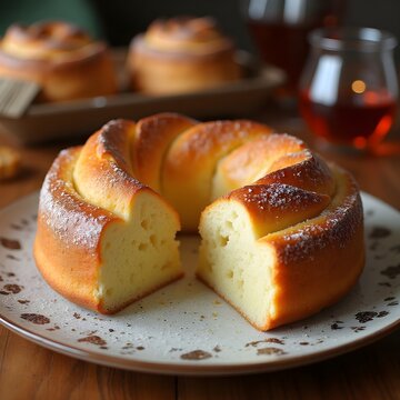 Golden Sweet Bun with Powdered Sugar Cut in Half