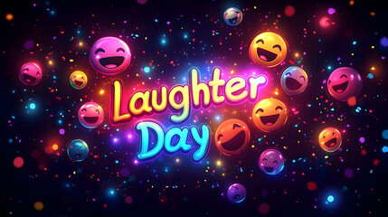A vibrant, joyful mix of laughing emojis, bouncing confetti and sparkles highlighting glowing "Laughter Day" text in colorful bubble font