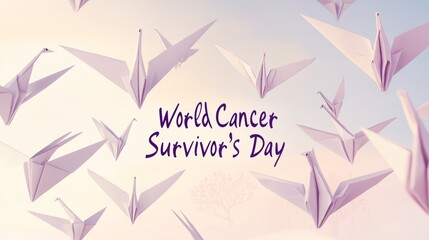 Soaring origami cranes in pastel sky with centered message for World Cancer Survivor’s Day tribute