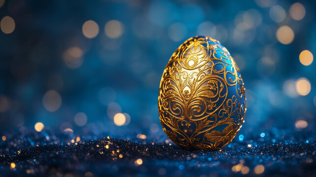 A stunning macro shot of a single Easter egg with golden filigree patterns against a deep blue background.