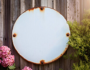 Rustic blank round metal sign mockup. Empty circle garden sign with rust edge on wooden wall. Farmhouse garden decor, wreath sign, door hanger or welcome sign for home, restaurant, shop, and office.