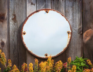 Rustic blank round metal sign mockup. Empty circle garden sign with rust edge on wooden wall. Farmhouse garden decor, wreath sign, door hanger or welcome sign for home, restaurant, shop, and office.