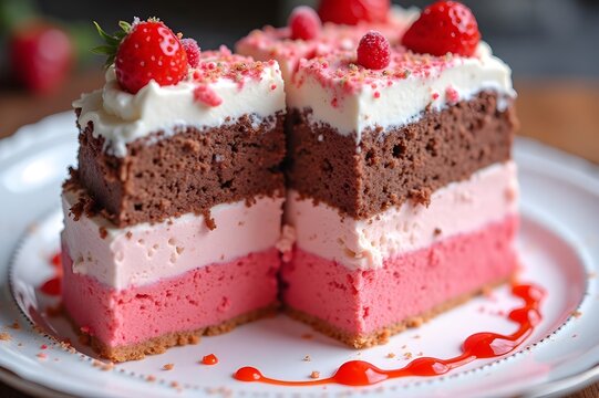Strawberry Mousse Cake with Chocolate Layers and Fresh Strawberries