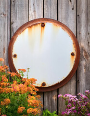 Rustic blank round metal sign mockup. Empty circle garden sign with rust edge on wooden wall. Farmhouse garden decor, wreath sign, door hanger or welcome sign for home, restaurant, shop, and office.