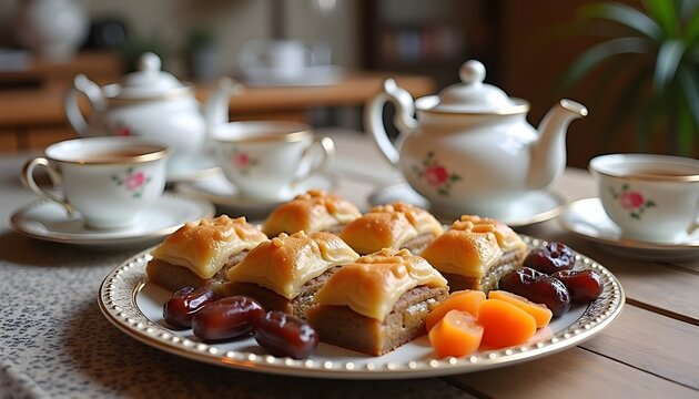 Traditional Baklava Dessert with Dried Fruit and Tea Cups